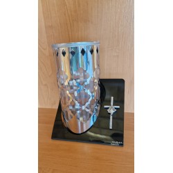 Metalowy srebrny znicz PARIS "C" z metalową czarną podstawką oraz krzyż róża