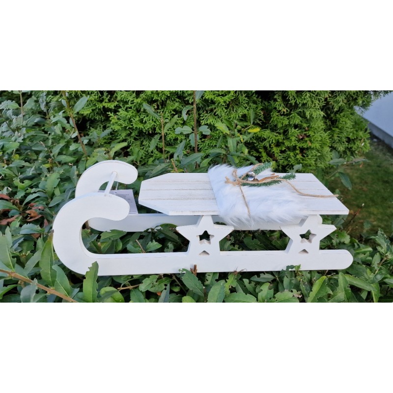 Białe drewniane sanki z gwiazdkami 40 cm