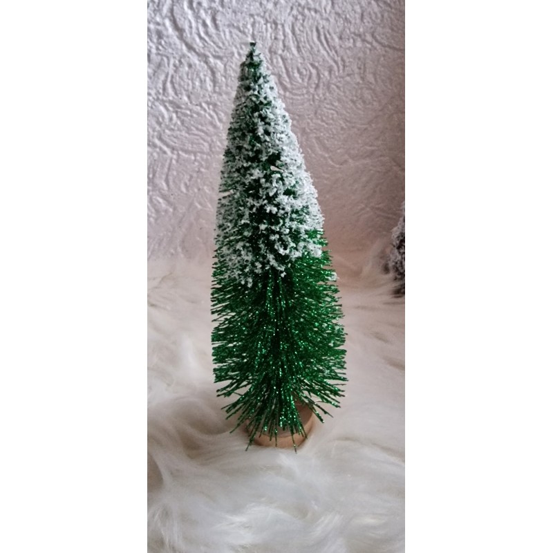 Większa zielona brokatowa choinka ze śniegiem - na podstawce wysokość 28 cm