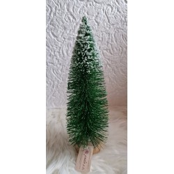 Mniejsza zielona brokatowa choinka ze śniegiem - na podstawce wysokość 21 cm