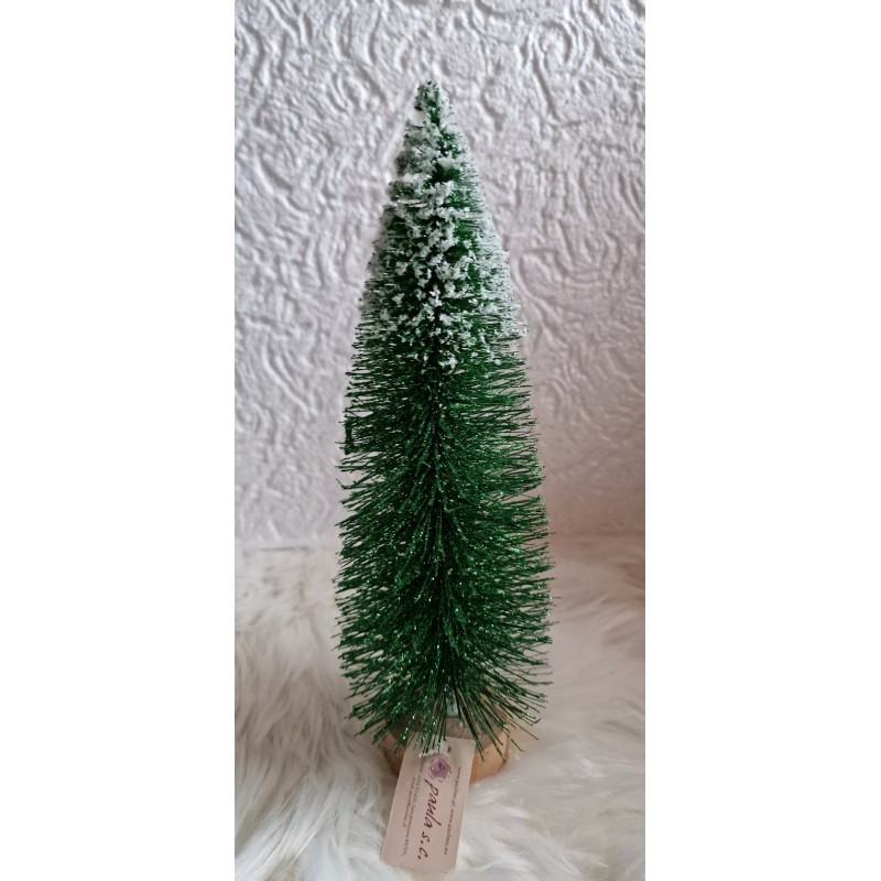 Mniejsza zielona brokatowa choinka ze śniegiem - na podstawce wysokość 21 cm