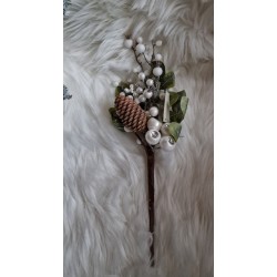 Ozdobna gałązka z szyszką białe kulki