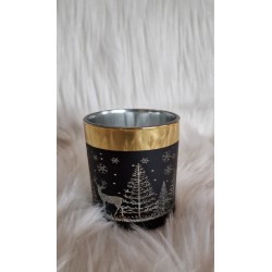 Świecznik szklany czarny ze złotym paskiem i reniferami