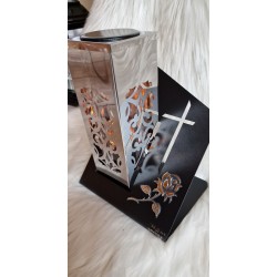 Metalowy nowoczesny duży znicz solarny - kwadratowa tuba, podstawka krzyż i róża