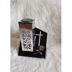 Metalowy nowoczesny duży znicz solarny - kwadratowa tuba, podstawka krzyż i róża