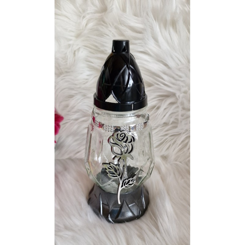 Znicz szklany srebrna róża