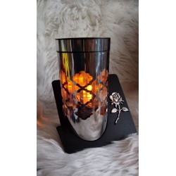 Metalowy nowoczesny duży znicz solarny - okrągła, efekt płomienia Róża lewa strona.