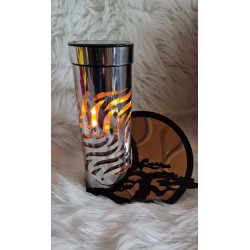 Metalowy nowoczesny znicz solarny - okrągła tuba, efekt płomienia, bonsai srebrny