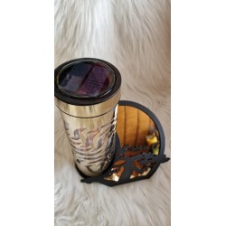 Metalowy nowoczesny znicz solarny - okrągła tuba, efekt płomienia, bonsai złoty