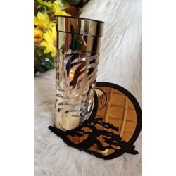 Metalowy nowoczesny znicz solarny - okrągła tuba, efekt płomienia, bonsai złoty