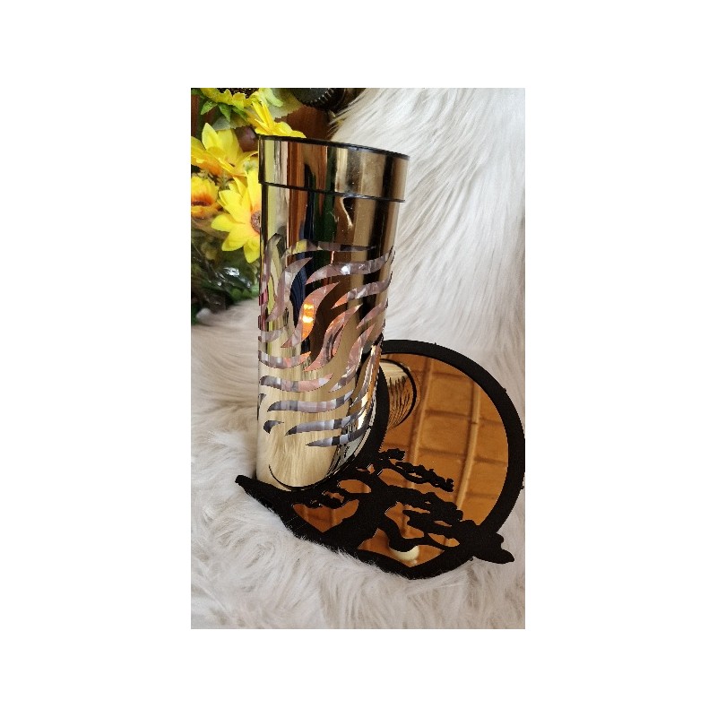 Metalowy nowoczesny znicz solarny - okrągła tuba, efekt płomienia, bonsai złoty