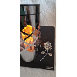 Metalowy nowoczesny duży znicz solarny - okrągła, efekt płomienia Róża lewa strona.