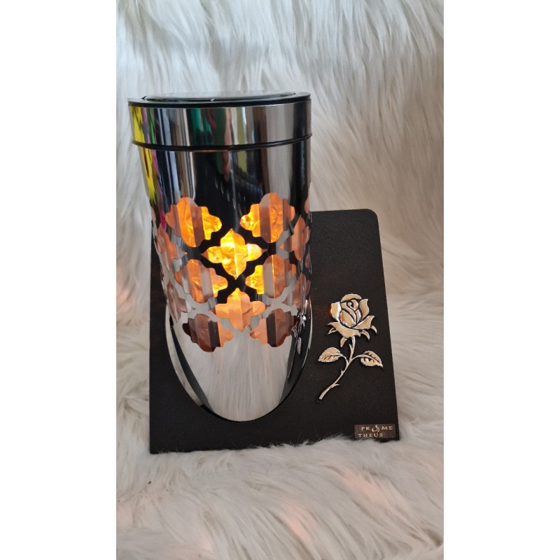 Metalowy nowoczesny duży znicz solarny - okrągła, efekt płomienia Róża lewa strona.