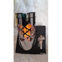 Metalowy nowoczesny duży znicz solarny - okrągła, efekt płomienia krzyż dłoń róża