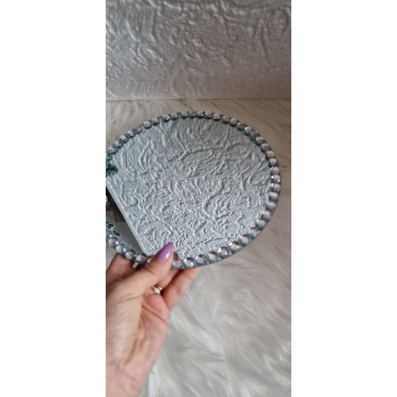 Podstawka szklana lustro okrągła ozdobne brzegi - kryształki - średnica 20 cm