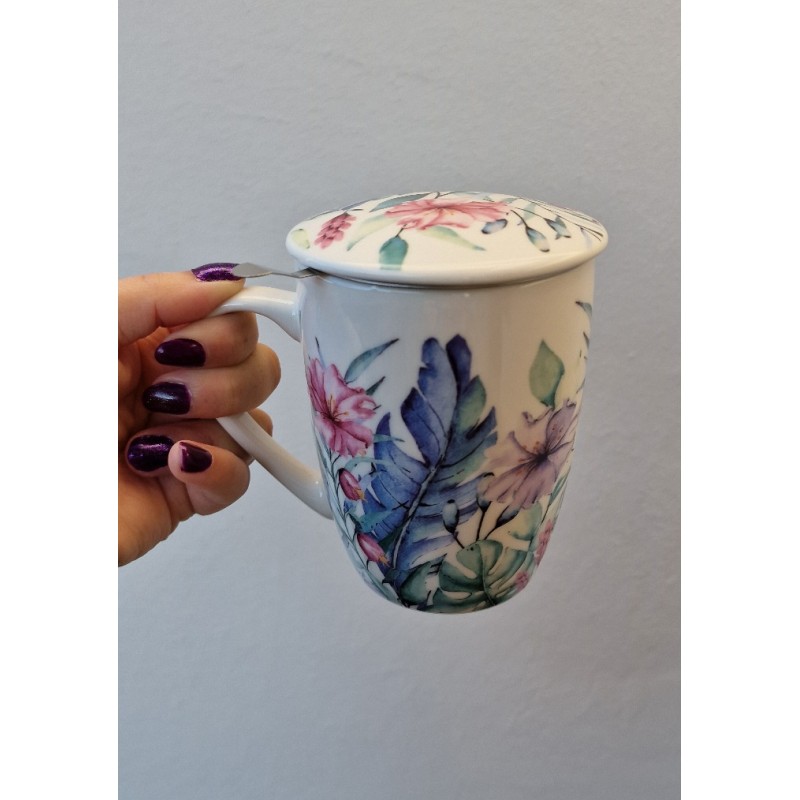 Kubek z pokrywką z porcelany z zaparzaczem ze stali