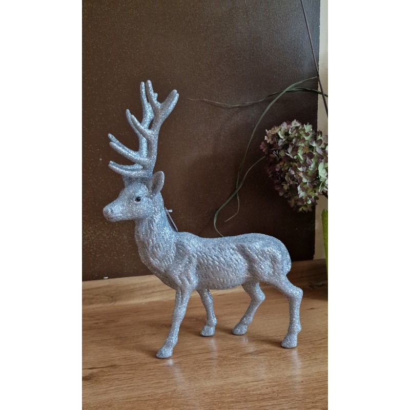 Duży srebrny brokatowy renifer 39 cm