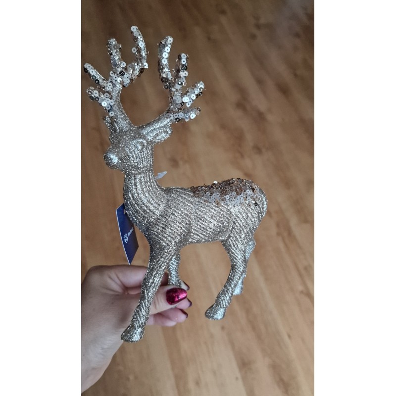 Figurka renifer brokatowy kolor szampańskie złoto z cekinami 21 cm