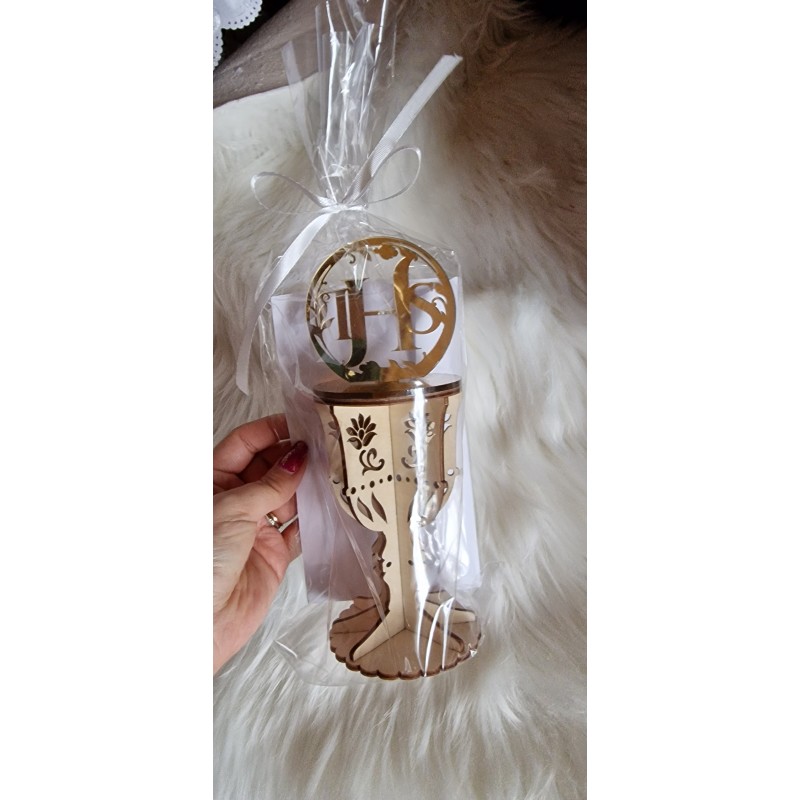 Karnet komunijny kielich, sklejka, pamiątka komunijna hostia listki