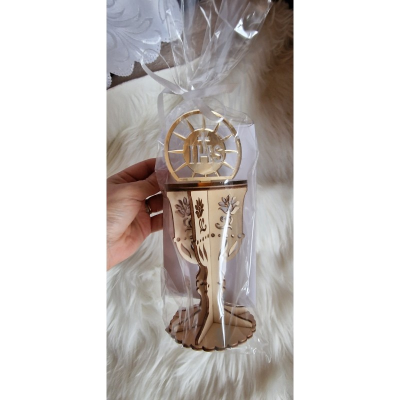 Karnet komunijny kielich, sklejka, pamiątka komunijna Hostia promyki