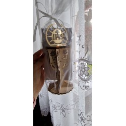 Karnet komunijny kielich, sklejka, pamiątka komunijna Hostia promyki